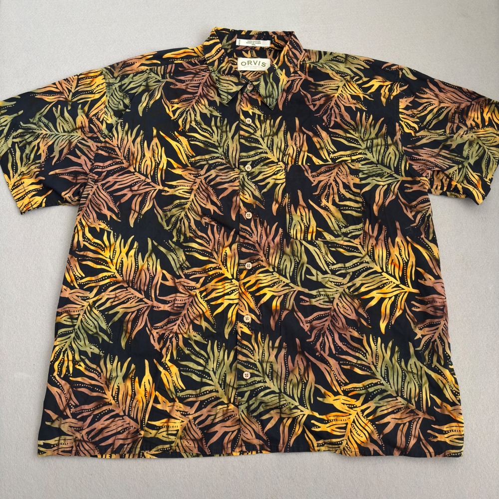 Orvis Mens XXL Short Sleeve Cotton Batik Leaf Print Button Down Shirt Black Gold